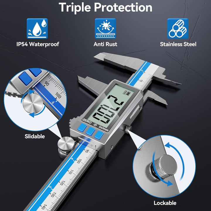 Preciva Digitaler Messschieber Aufladbar, 150 mm/0-6 Zoll Schieblehre Edelstahl, IP54 Schutz, LCD Di