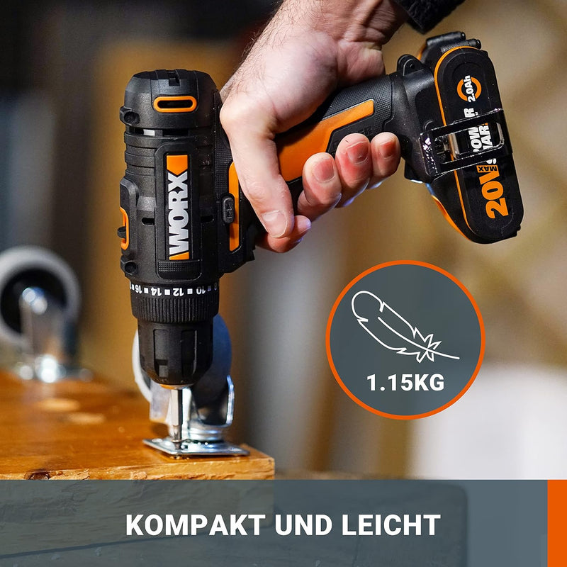 WORX WX100.9 Akku Bohrschrauber 20V – Leistungsstarker Akkuschrauber zum Bohren und Schrauben – 20+1