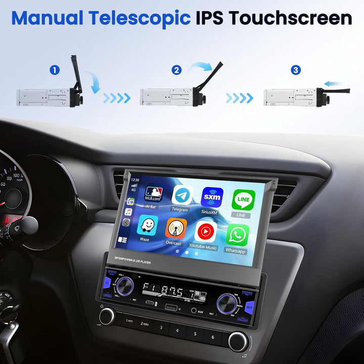 Hikity 1 Din Autoradio mit 7” IPS Manuell Einziehbarer Touchscreen Wireless Carplay Andriod Auto FM