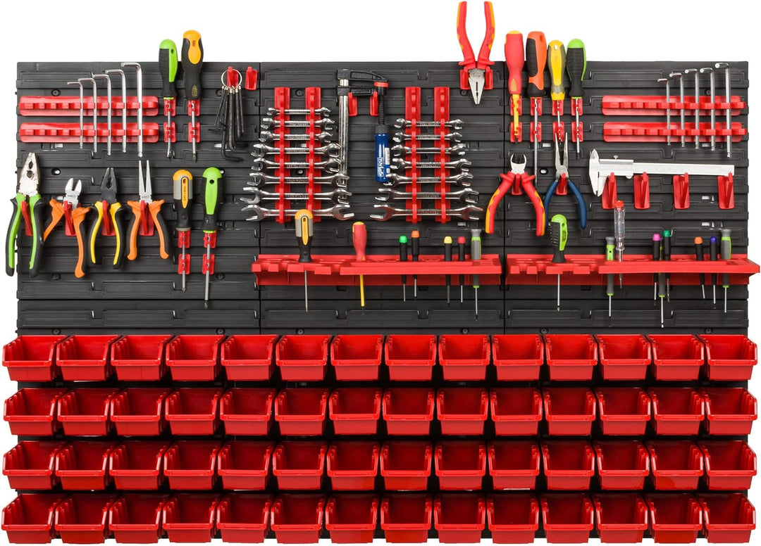Lagersystem Werkstattregal | 117 x 78 cm | 56 stck. Box | Wandregal mit Werkzeughalterungen und Stap