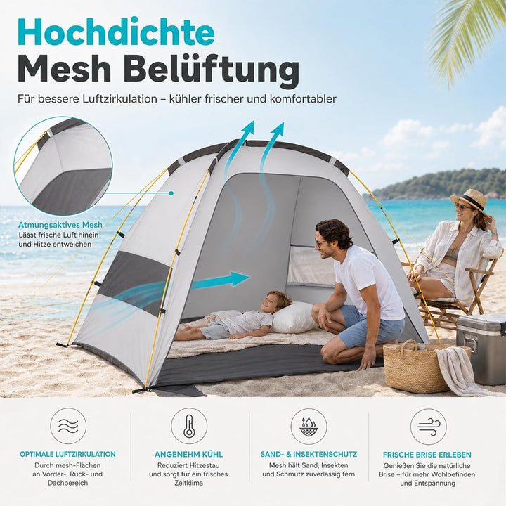 High Peak Strandmuschel mit UV 80, erhöhter Innenhöhe und Mesh-Belüftung | Grosszügiger Platz für 2–