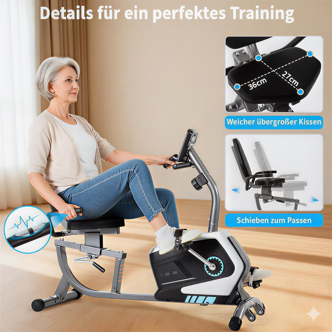 ISE Ergometer Liege- Heimtrainer mit Magnetbremse, Pulssensoren und LCD-Display, 8 Widerstandsstufen