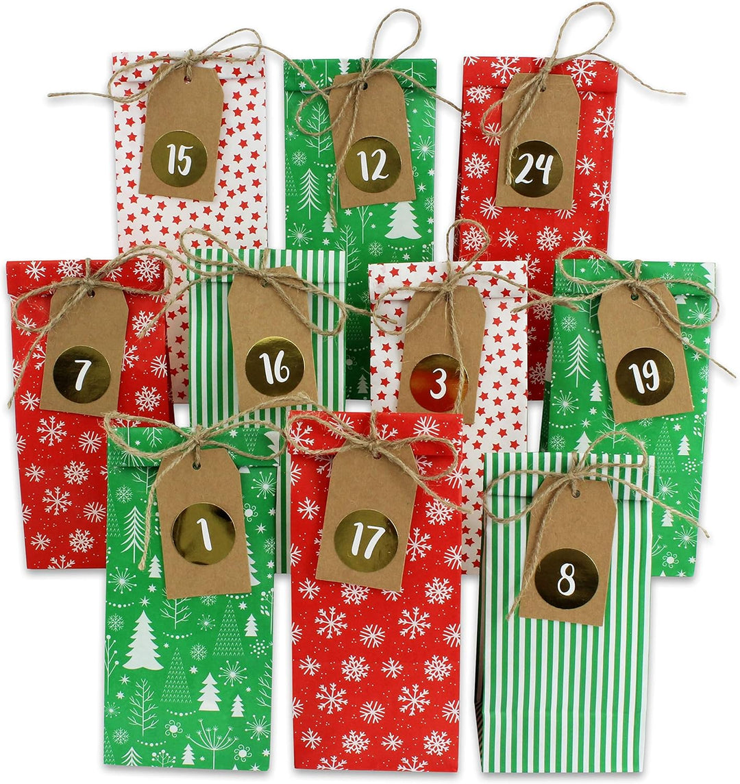 Papierdrachen Adventskalender zum Befüllen - 24 Bedruckte Geschenktüten und 24 Zahlenaufkleber und K