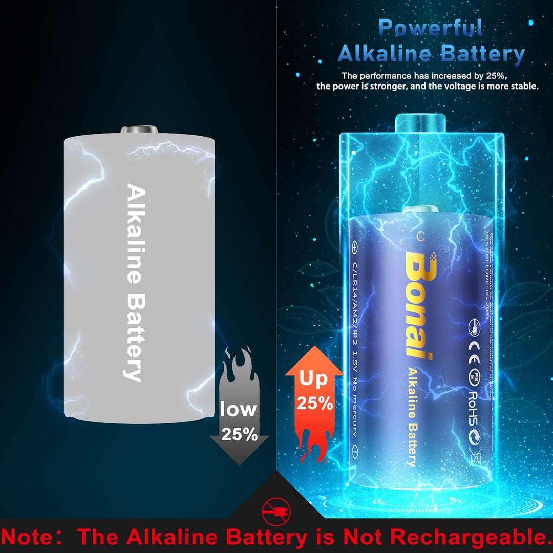 BONAI Longlife C Baby Batterien Alkaline 1,5V (14er-Pack) 7000mAh Hohe Kapazität Babyzellen Typ C-Al