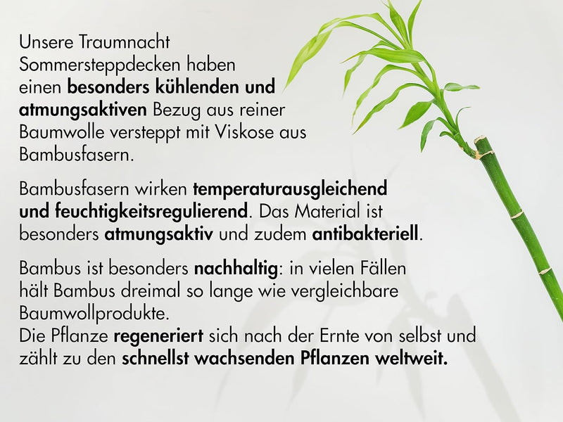 Traumnacht Bamboo Sommersteppdecke mit Bambusfasern, hypoallergenes, antibakterielle Sommerdecke 155