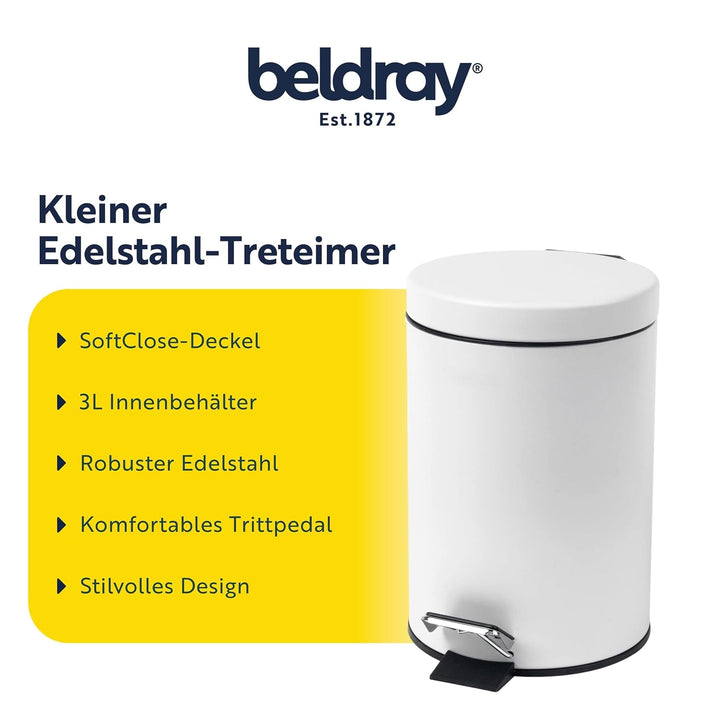 Beldray LA038098WHTEU7 Badezimmer-Fusspedal-Mülleimer - Kleiner runder Edelstahl-Hygienemülleimer fü