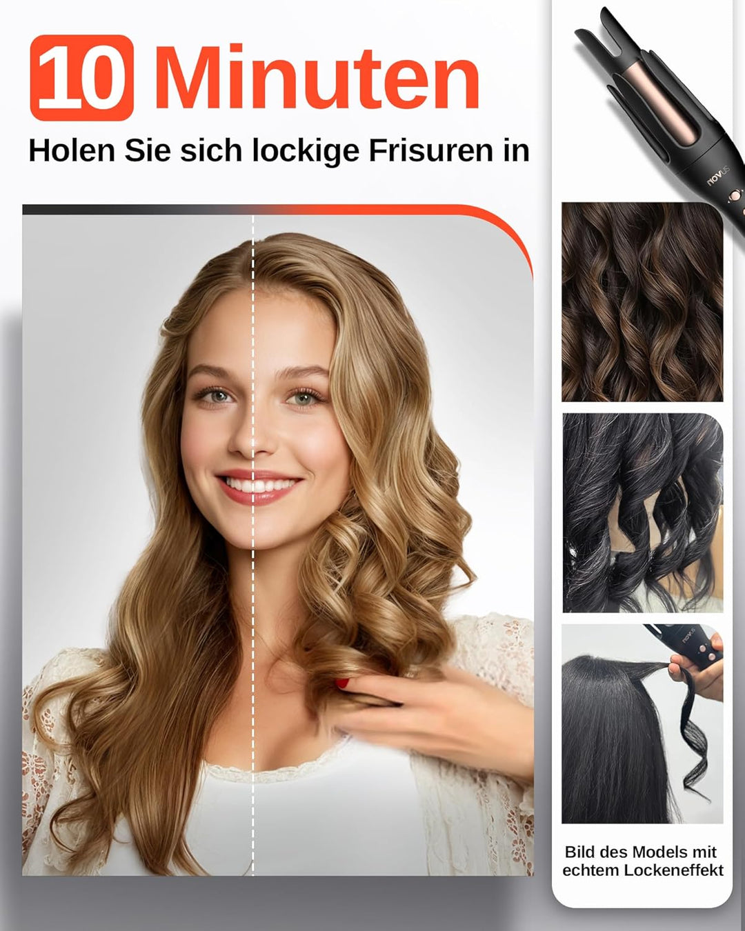 NOVUS Automatischer Lockenstab, rotierender Anti-Verbrühungs-Keramik-Lockenstab mit einstellbarer Le