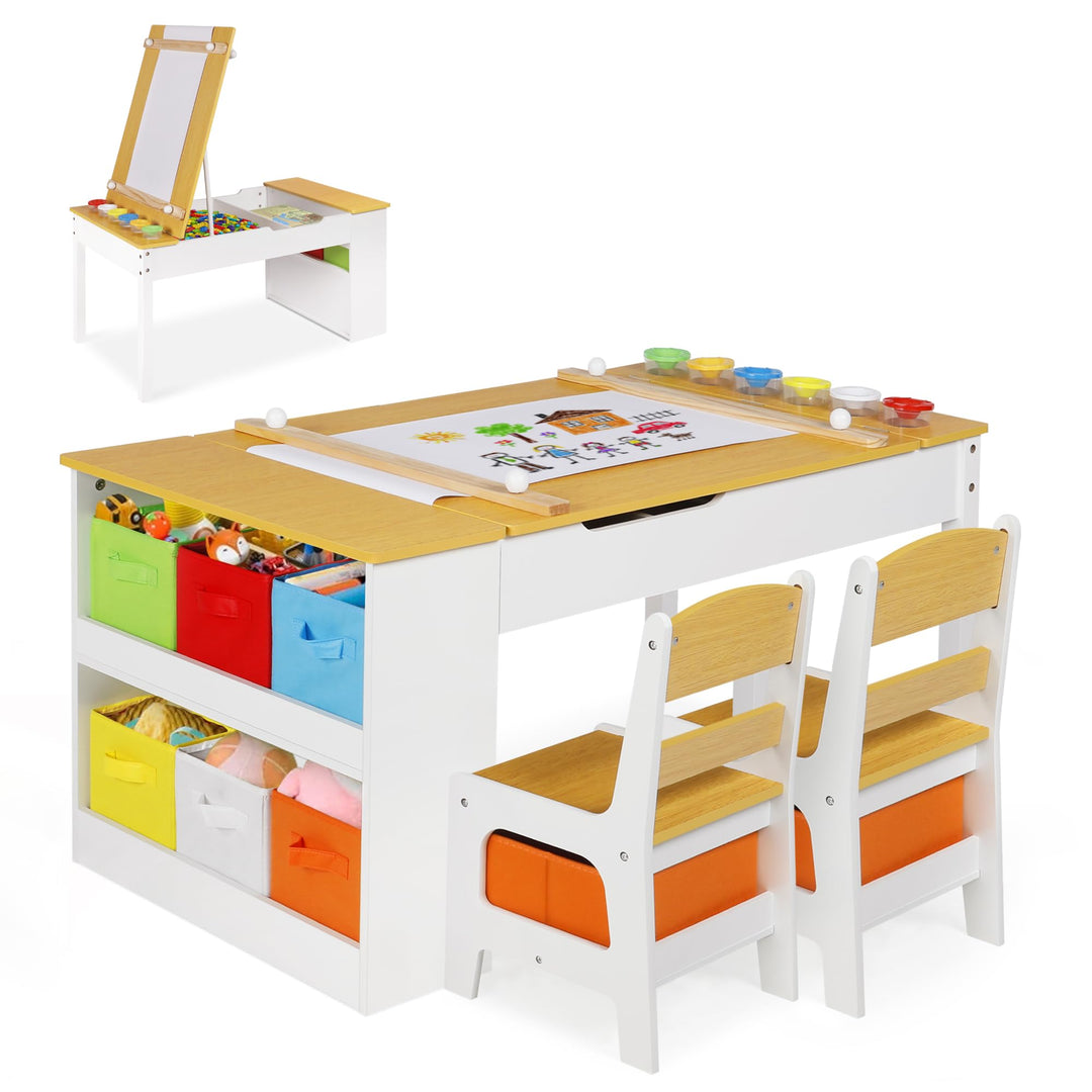 ROCSUMOO Kinder-Kunsttisch-Set mit 2 Stühlen - Holzerner Aktivitätstisch für Kleinkinder mit Verstel