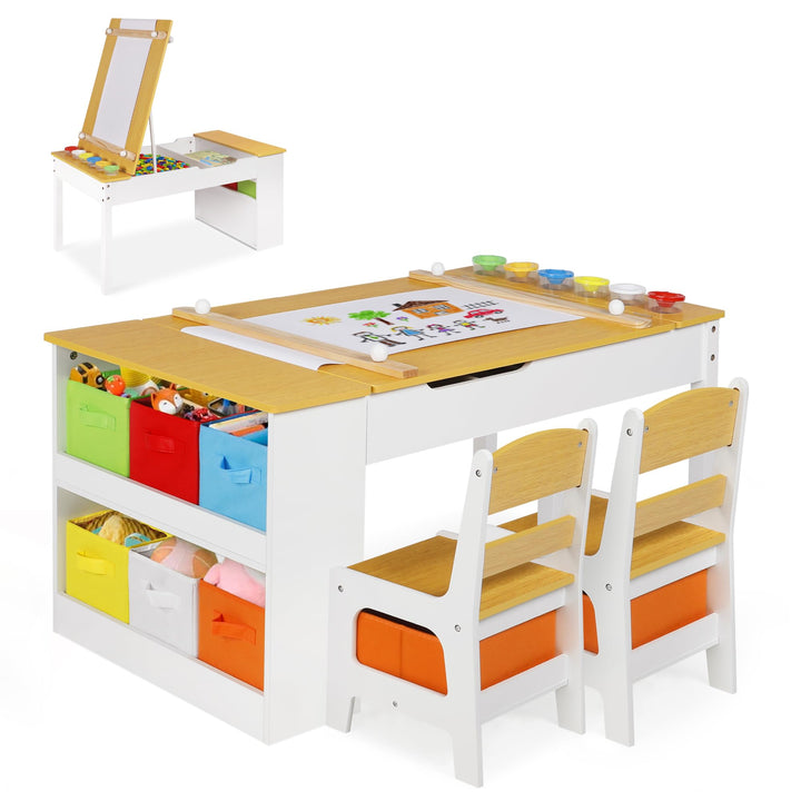 ROCSUMOO Kinder-Kunsttisch-Set mit 2 Stühlen - Holzerner Aktivitätstisch für Kleinkinder mit Verstel