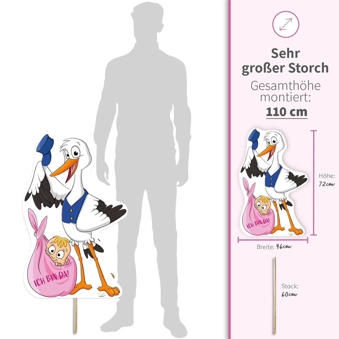 XL Storch zur Geburt Willkommen Baby I rosa Geschenk Mädchen I SET: Geburtsstorch + Stab aus Holz +