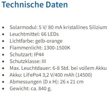 Solar Feuerschale mit LED Flammenlicht - Abmessungen (D x H): 25 x 21 cm - Flammeneffekt durch 24 LE