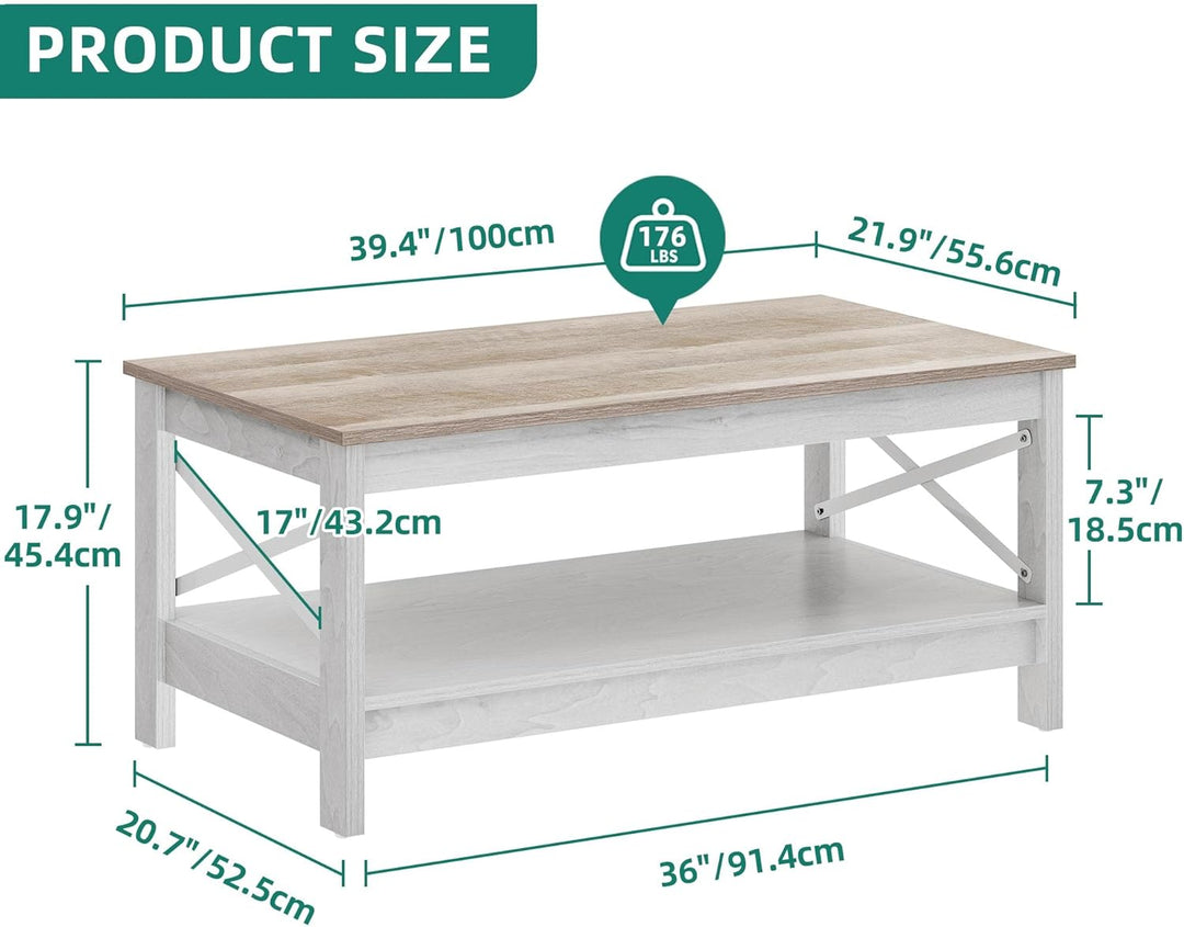 YITAHOME Couchtisch, Wohnzimmertisch, 2-stöckiger Dicker Holz Rechteckiger Couchtisch, X-Form Metal
