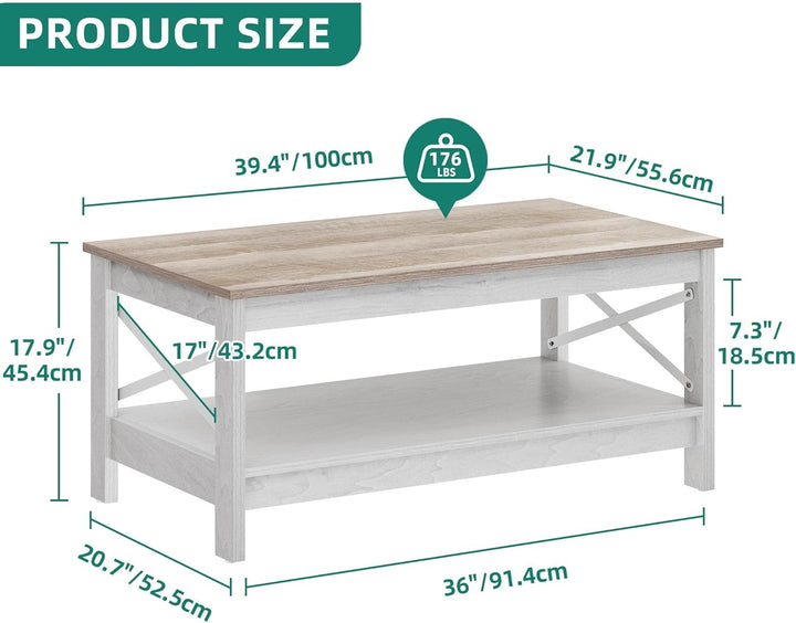 YITAHOME Couchtisch, Wohnzimmertisch, 2-stöckiger Dicker Holz Rechteckiger Couchtisch, X-Form Metal