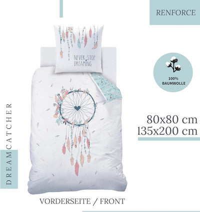 MTOnlinehandel Mädchen Bettwäsche 135x200 cm 2 teilig Boho Blumen Federn Kissenbezug 80 x 80 cm + Be