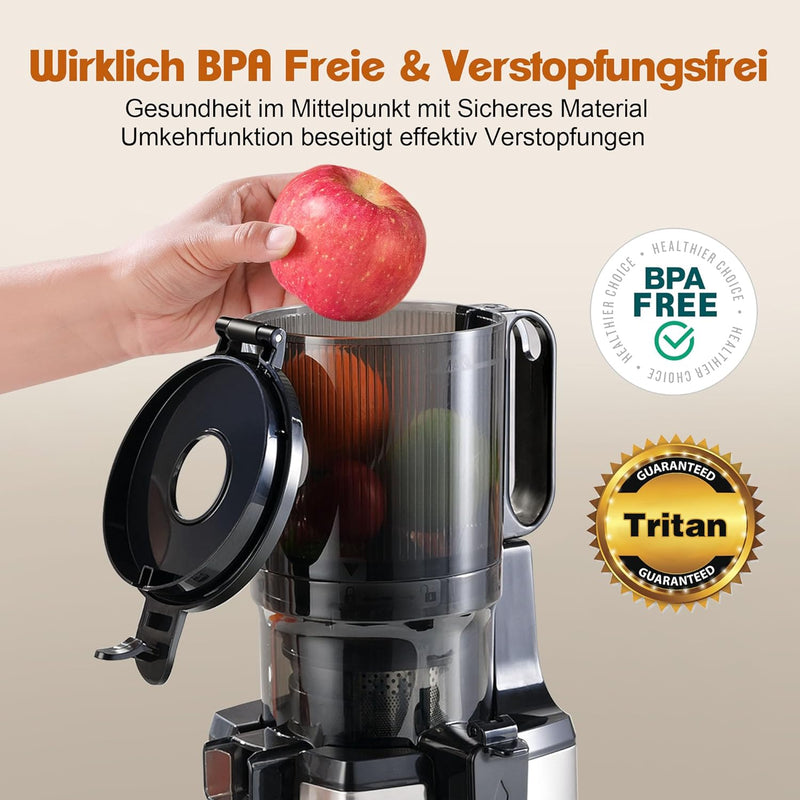 Fretta Slow Juicer Entsafter Gemüse und Obst Testsieger, 250W Edelstahl Saftpresse Elektrisch Obstpr