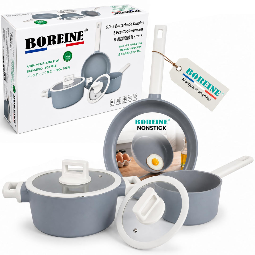 BOREINE Topfset Pfannenset 5-teilig, Bratpfanne 24cm Kochtöpfe 24cm Topf 18cm mit Deckel 18/24cm, An
