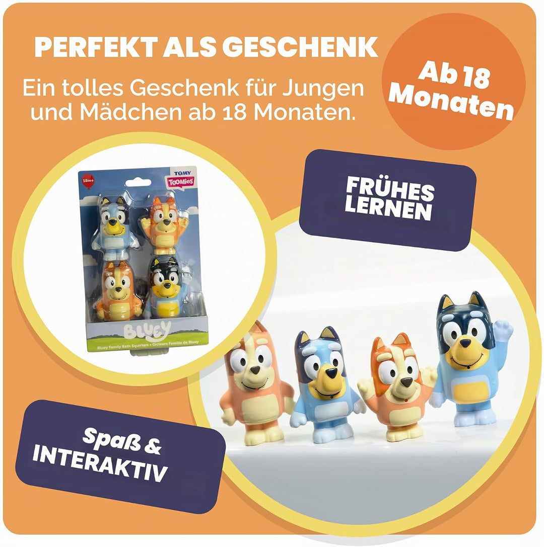 Toomies Bluey Squirter 4er Pack Badespielzeug Set mit Bluey, Bingo, Mama und Papa, Wasserspritzspass