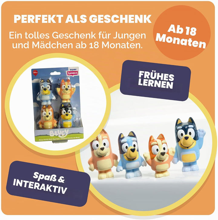 Toomies Bluey Squirter 4er Pack Badespielzeug Set mit Bluey, Bingo, Mama und Papa, Wasserspritzspass