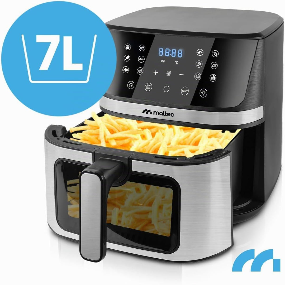 MalTec Heissluftfritteuse fettfrei AirFryer1800W-7L Gross Vorschaufenster 12 Programme Schwarz LED-T