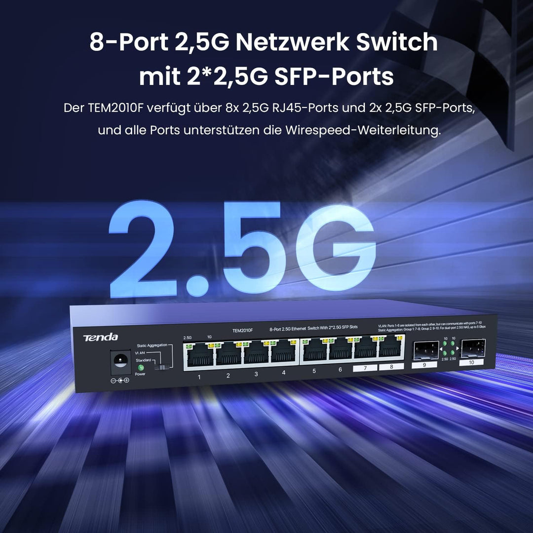 Tenda Router 8 Port 2.5 Gigabit LAN Router with 2 SFP Ports (VLAN, Static Aggregation, Unmanaged, Pl