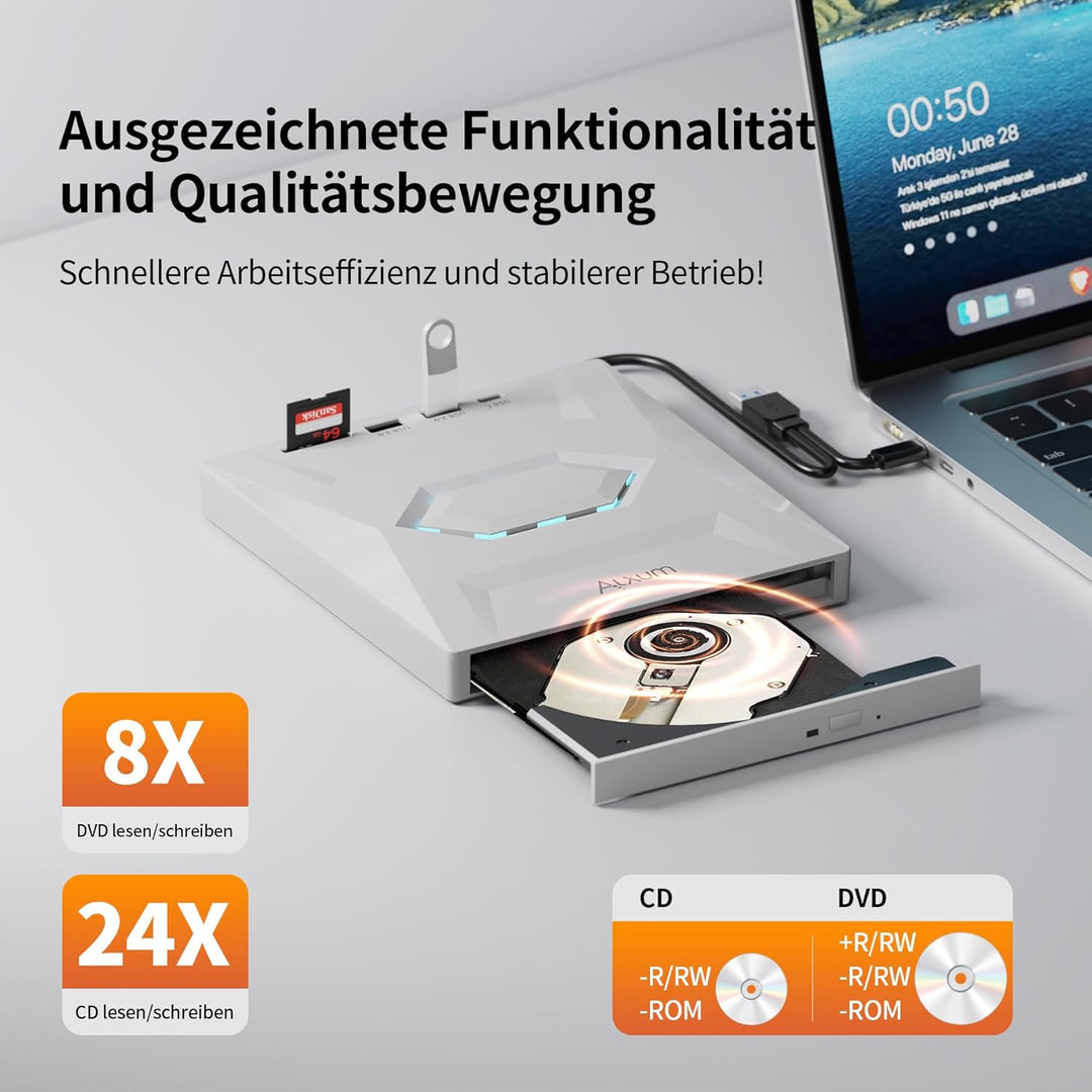 Alxum Externes DVD Laufwerk - USB 3.0 Type C CD Laufwerk extern USB mit SD/TF Kartenleser und USB An