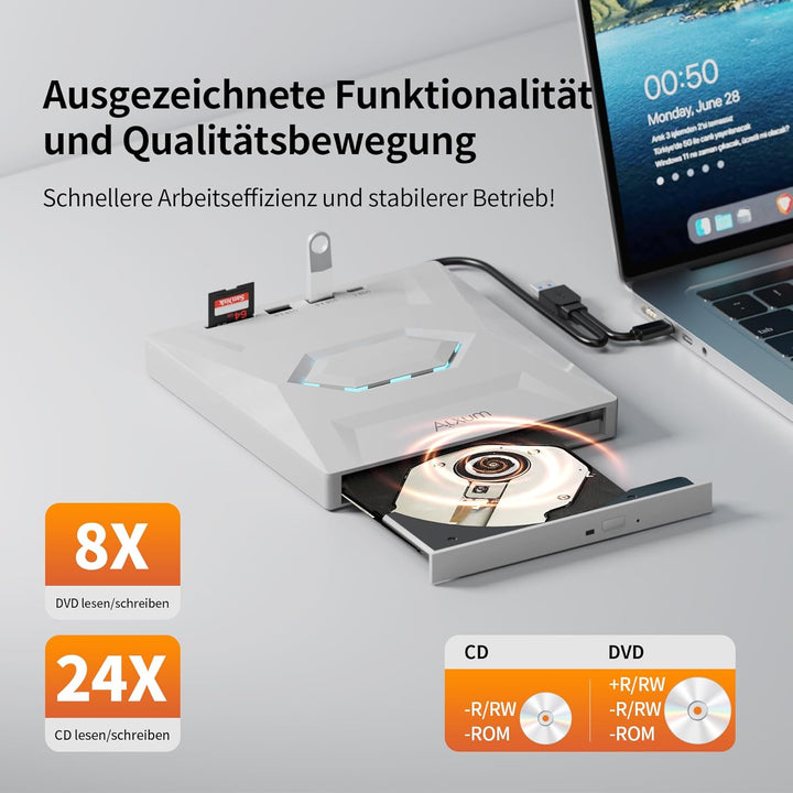 Alxum Externes DVD Laufwerk - USB 3.0 Type C CD Laufwerk extern USB mit SD/TF Kartenleser und USB An