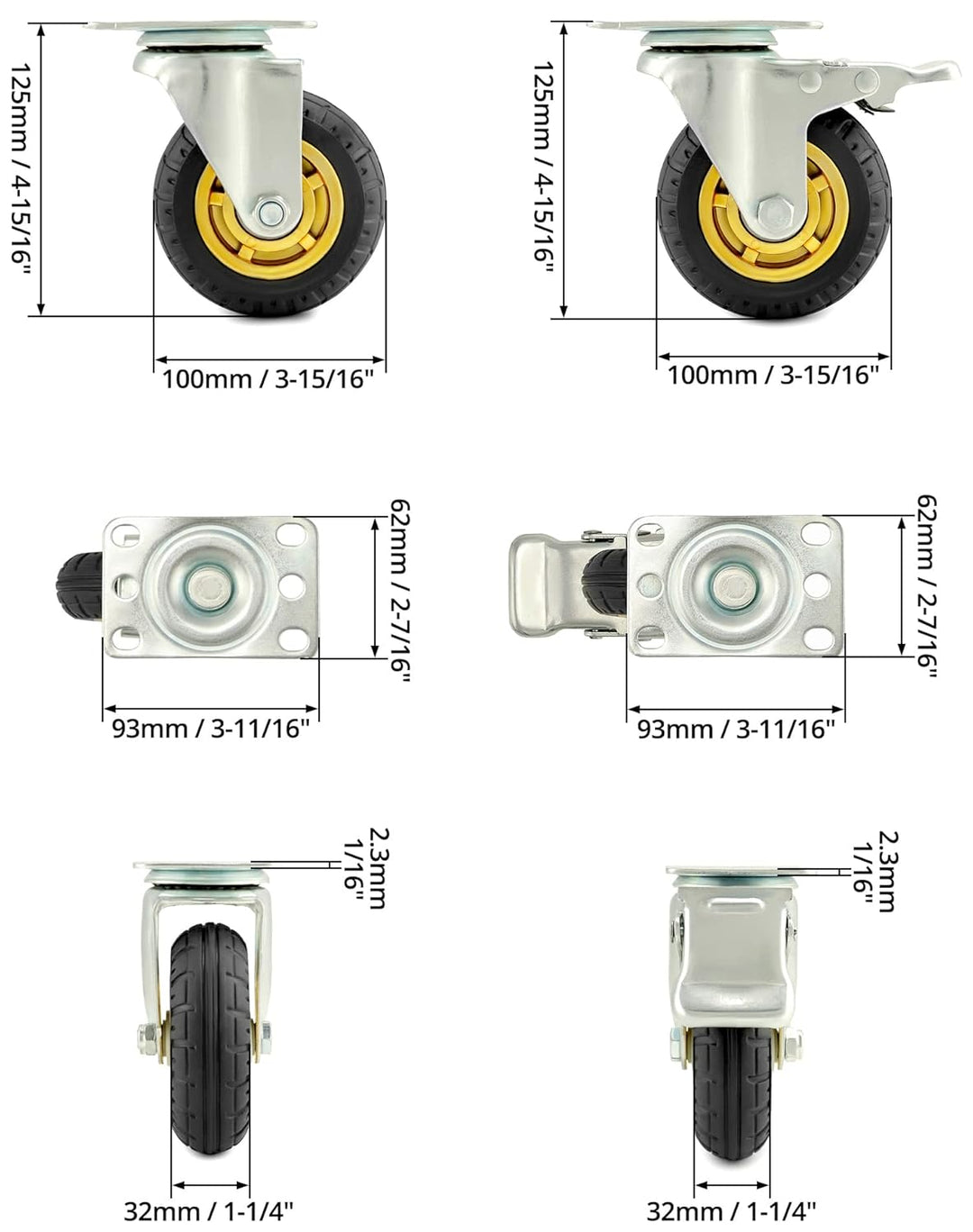 QWORK® 4 Stück 100mm schwerlastrollen - bis 70 kg pro rolle - stossdämpfung lenkrollen für möbeltran