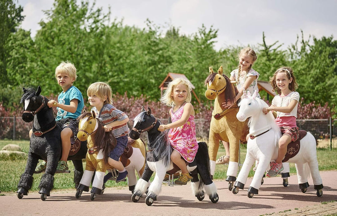 PONNIE Reitpferd mit Rollen Zebra M (5-12 Jahre), Spielpferd zum Reiten mit Abnehmbarer Braun Sattel