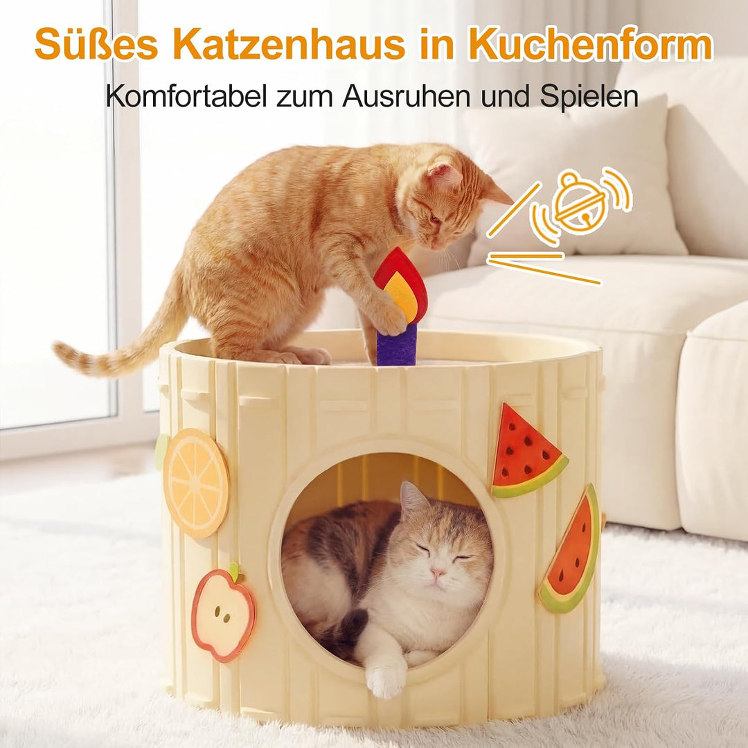 Katzenhöhle Filz, Stabiles Katzenhaus Indoor mit Aufklebern | Katzenbett mit Jingle-Kerze, Kuchen-Ka