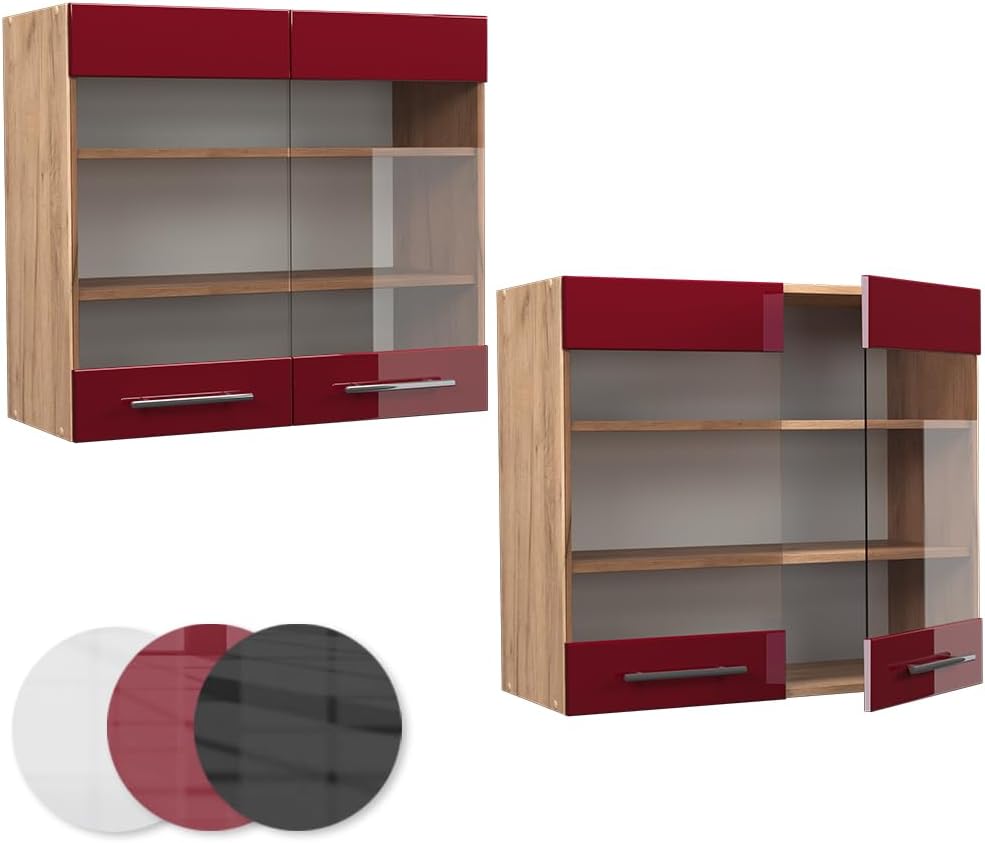 Vicco Küchenschrank Glas Fame-Line, Bordeaux Hochglanz/Goldkraft Eiche, 80 cm Hängeglasschrank 80 cm