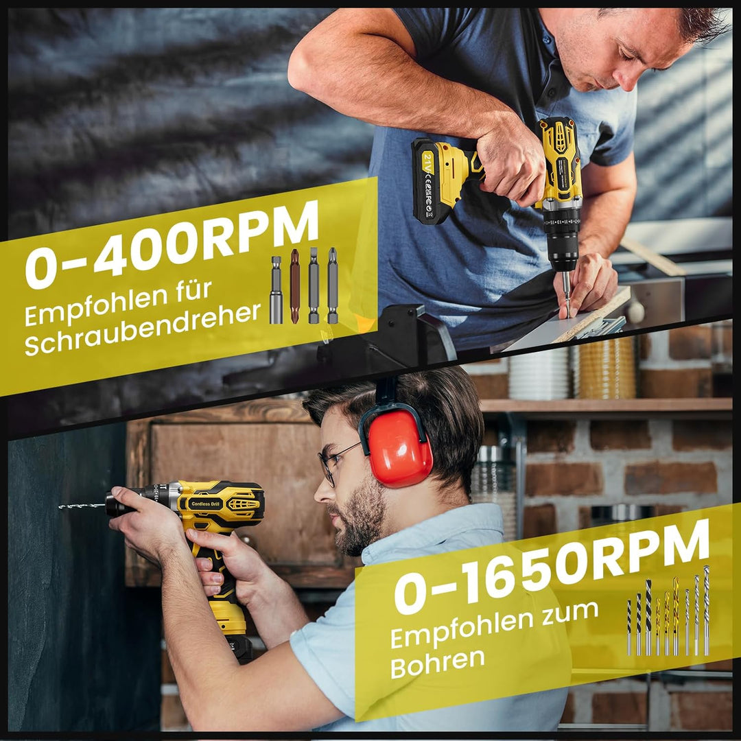 Akkuschrauber, 21V Akku Schlagbohrschrauber, Akkubohrer mit 2 Akkus 2000mAh, 45Nm Akku Bohrmaschine,