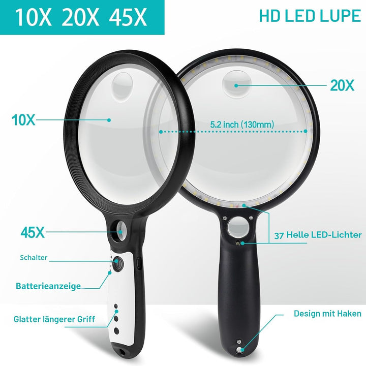 Lupe mit Licht USB Aufladbar, 10X 20X 45X Vergrösserungsglas, 37 LED Beleuchtete Handlupe mit 3 Lich