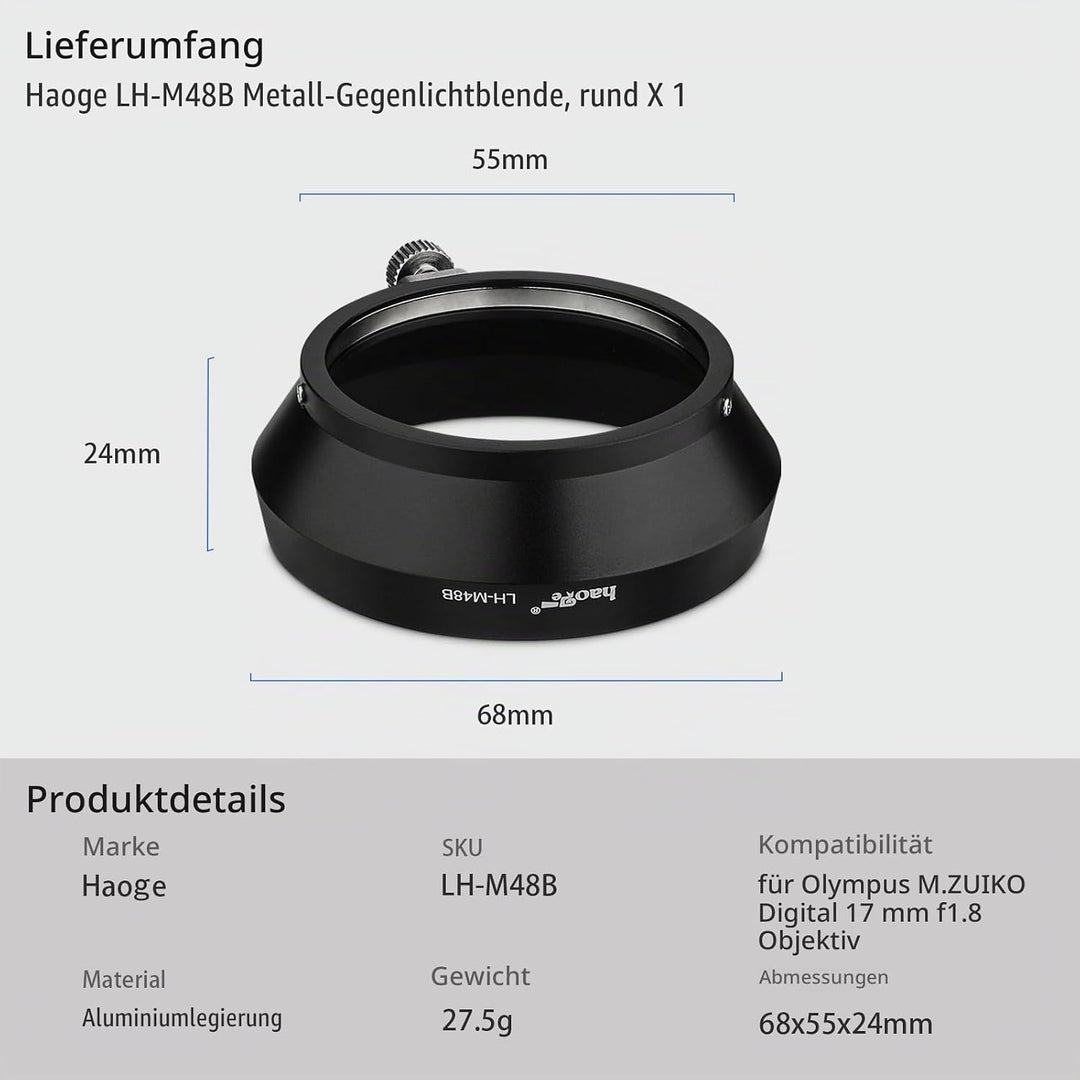 Haoge LH-M48B Gegenlichtblende aus Metall für Olympus M.ZUIKO Digital 17mm F1.8 1:1.8 Objektiv erset