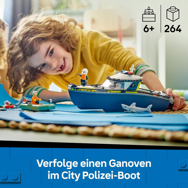 LEGO City Verfolgungsjagd im Polizeiboot – Spielset mit schwimmfähigem Schnellboot, Schlauchboot des