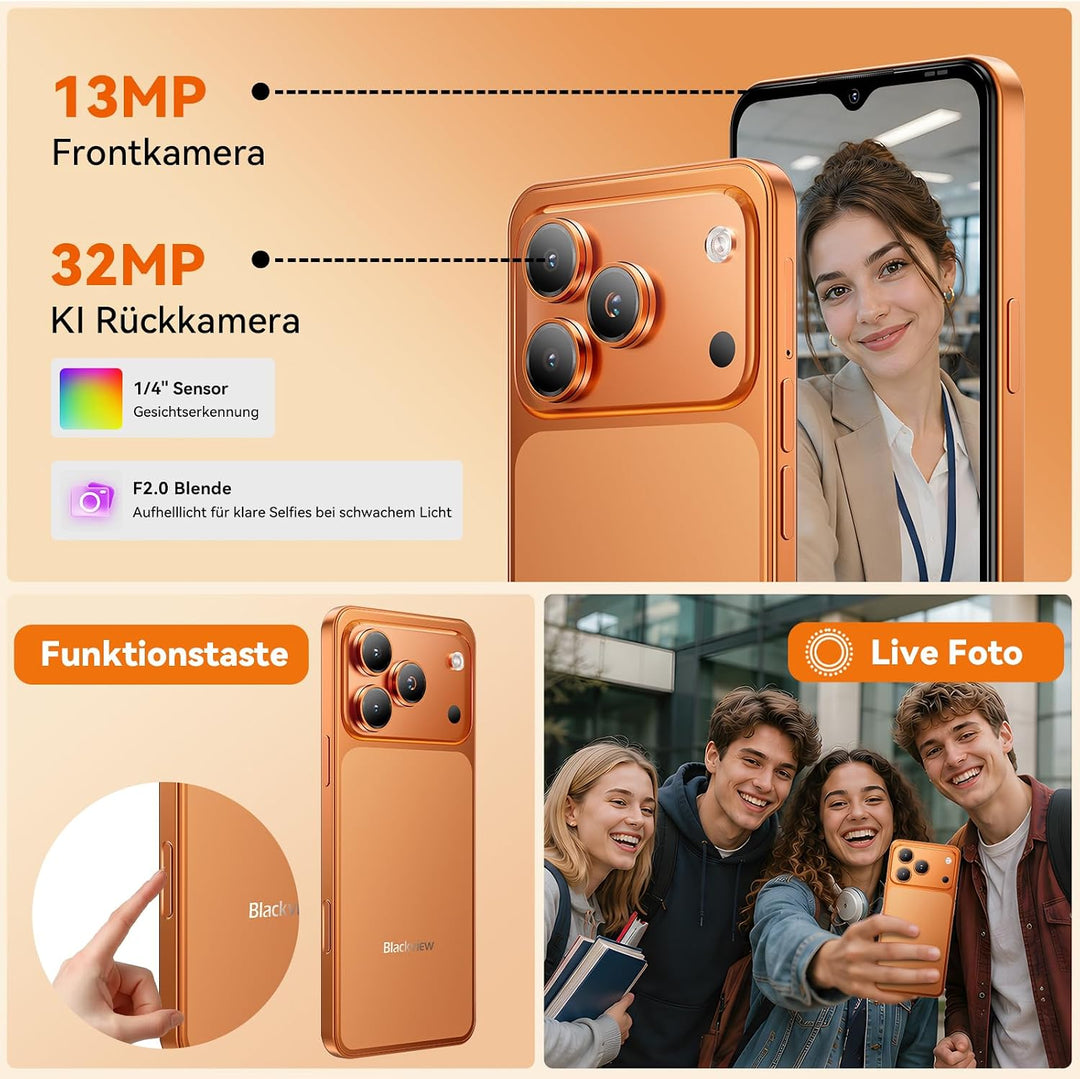 Blackview Wave 7C Handy Ohne Vertrag, Android 16 Smartphone, 16GB+128GB/2TB, 32MP+13MP KI Kamera, 6.