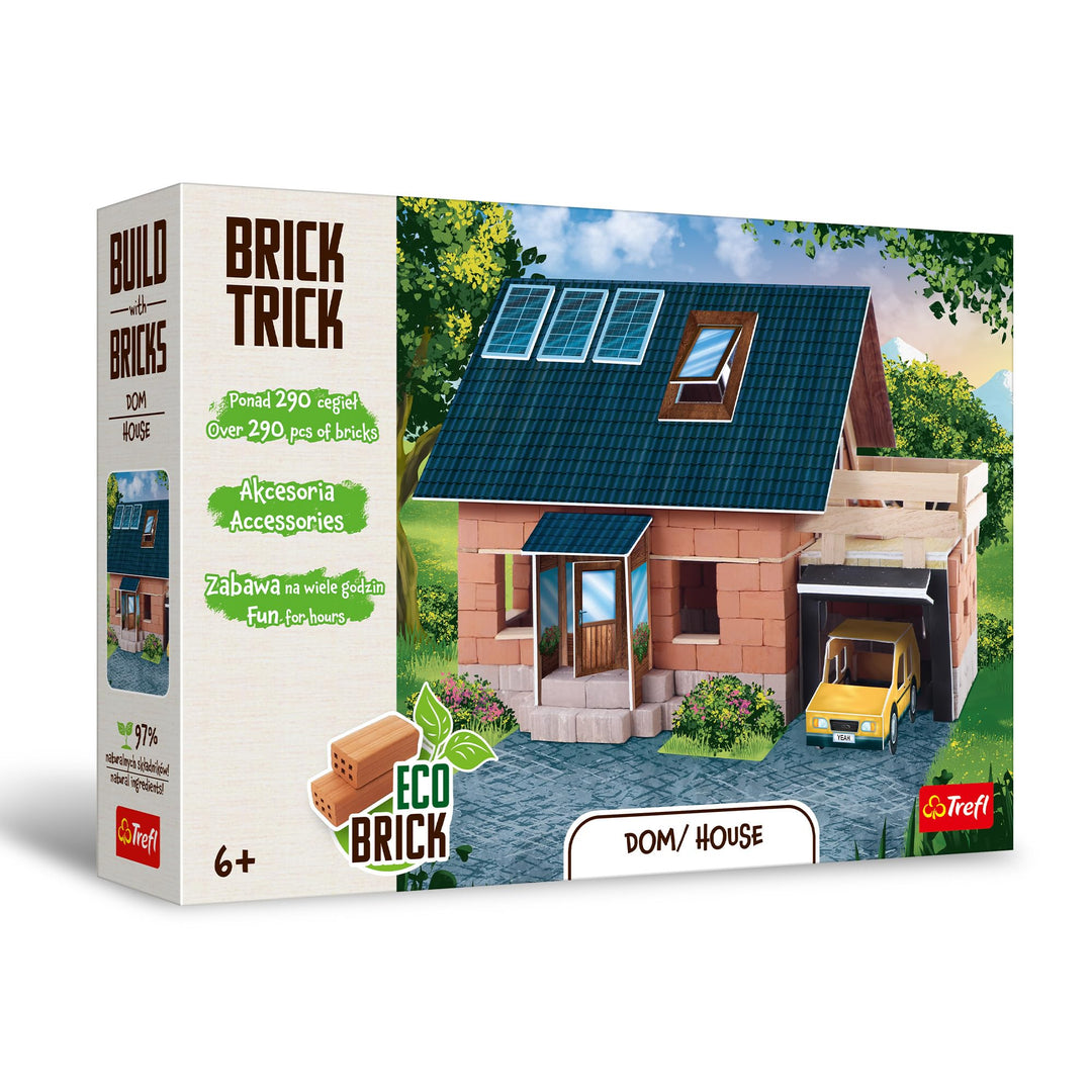 Trefl – Brick Trick: Haus/House - Bauen mit Ziegeln, EKO Echte Ziegelsteine, 290 Ziegel, für Kinder