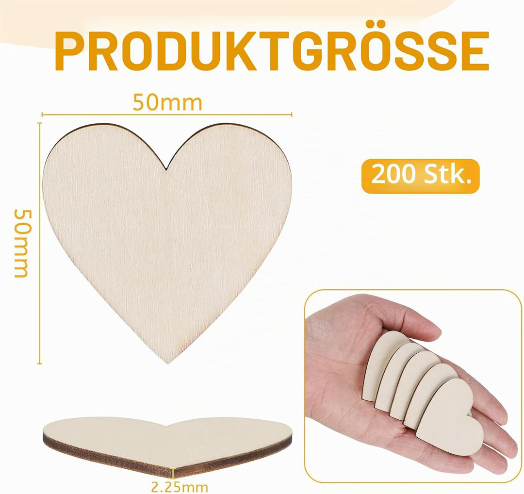 200 Stück 50mm Holzherzen Scheiben, 5cm Basteln Holzplättchen, Baumscheiben, Holz Platten, Naturholz