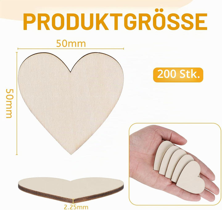 200 Stück 50mm Holzherzen Scheiben, 5cm Basteln Holzplättchen, Baumscheiben, Holz Platten, Naturholz
