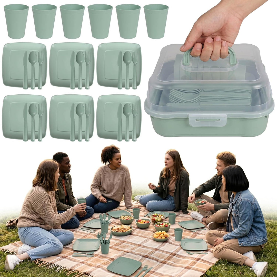 Campinggeschirr im Behälter, 32-teilig, für Picknick und Reisen Grün, Grün