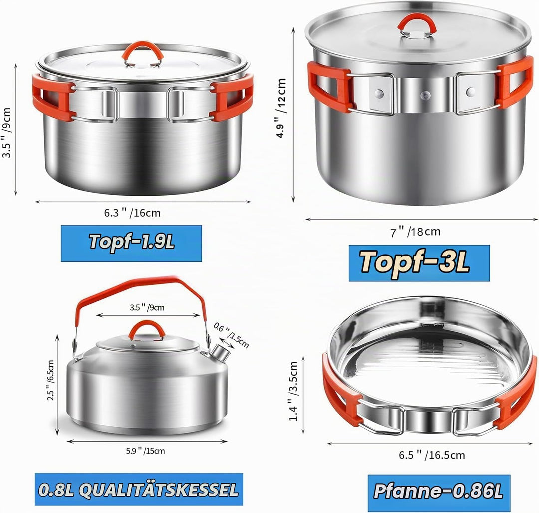 Camping Kochgeschirr Set,Camping Koch Set,304 Edelstahl Campingtöpfe und Pfannen Set,Campinggeräte f