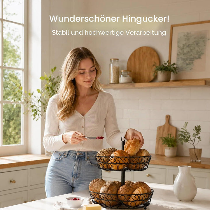 Obst Etagere 2 Etagen – 24x40cm Obstschale aus Metall, Moderner Obstkorb für länger frisches Obst, S
