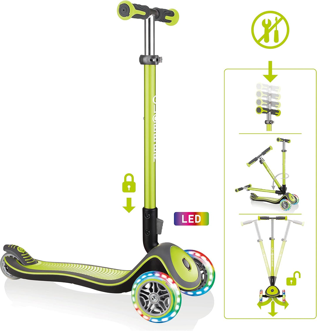 GLOBBER Elite Deluxe Lights – Tretroller Kinder, 120/80 mm, ABEC 5, 3-rädrig, höhenverstellbar, LED-