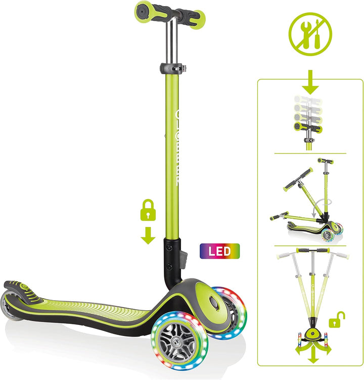 GLOBBER Elite Deluxe Lights – Tretroller Kinder, 120/80 mm, ABEC 5, 3-rädrig, höhenverstellbar, LED-