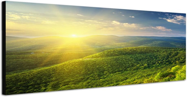 Paul Sinus Art Panoramabild auf Leinwand und Keilrahmen 150x50cm Landschaft Berge Wiesen Sonnenaufga