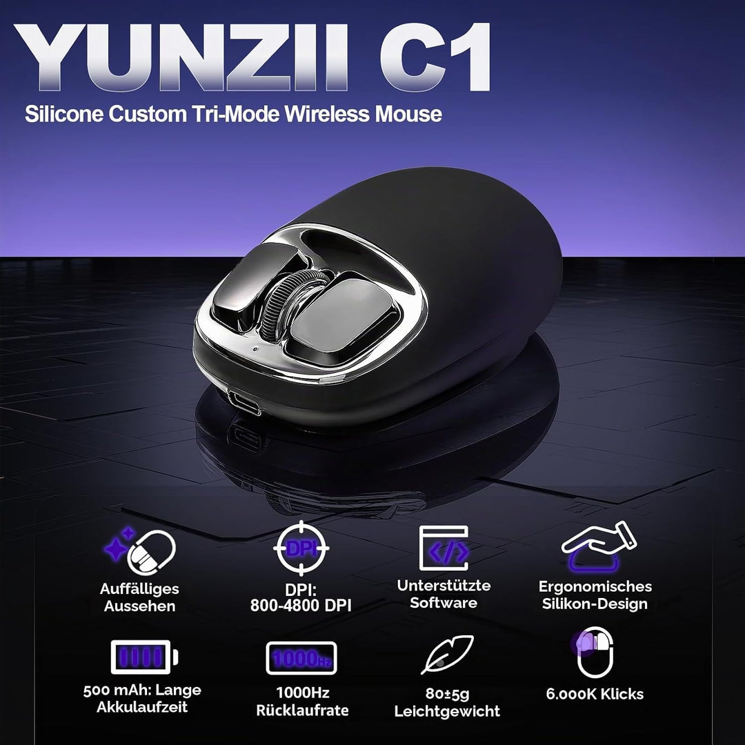 YUNZII C1 Silikon-Funkmaus,Tri-Mode 2,4 GHz/USB-C/Bluetooth Maus, 4800 DPI Optisches Abtastung, 6 Ve