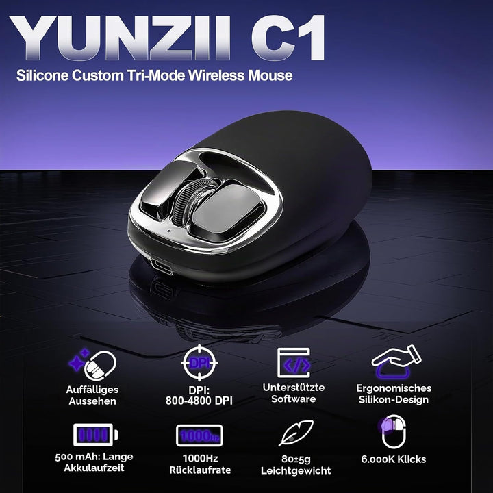 YUNZII C1 Silikon-Funkmaus,Tri-Mode 2,4 GHz/USB-C/Bluetooth Maus, 4800 DPI Optisches Abtastung, 6 Ve