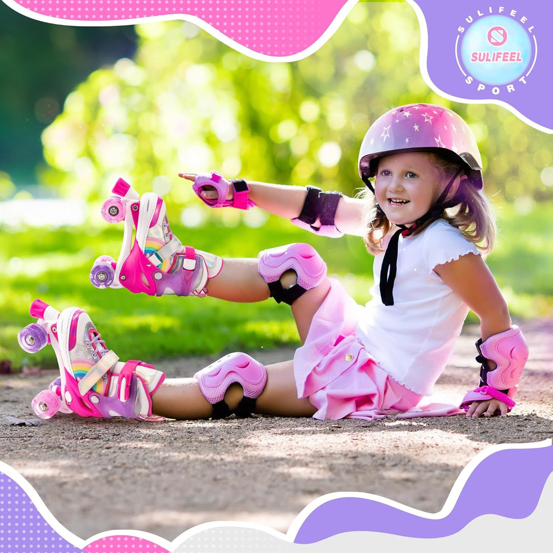 SULIFEEL Rainbow Unicorn Verstellbare Rollschuhe für Kinder mit Leuchtenden Rädern für Mädchen und J