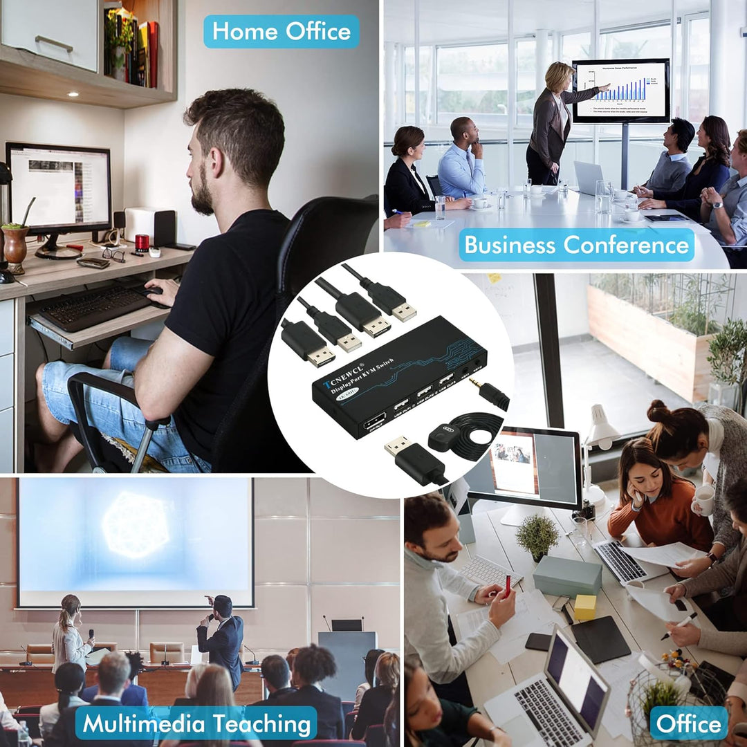 DP KVM Switch 2 Port, 4K @ 60Hz DisplayPort KVM Umschalter für 2 PCs 1 Monitor + 3 USB2.0-Geräte, DP