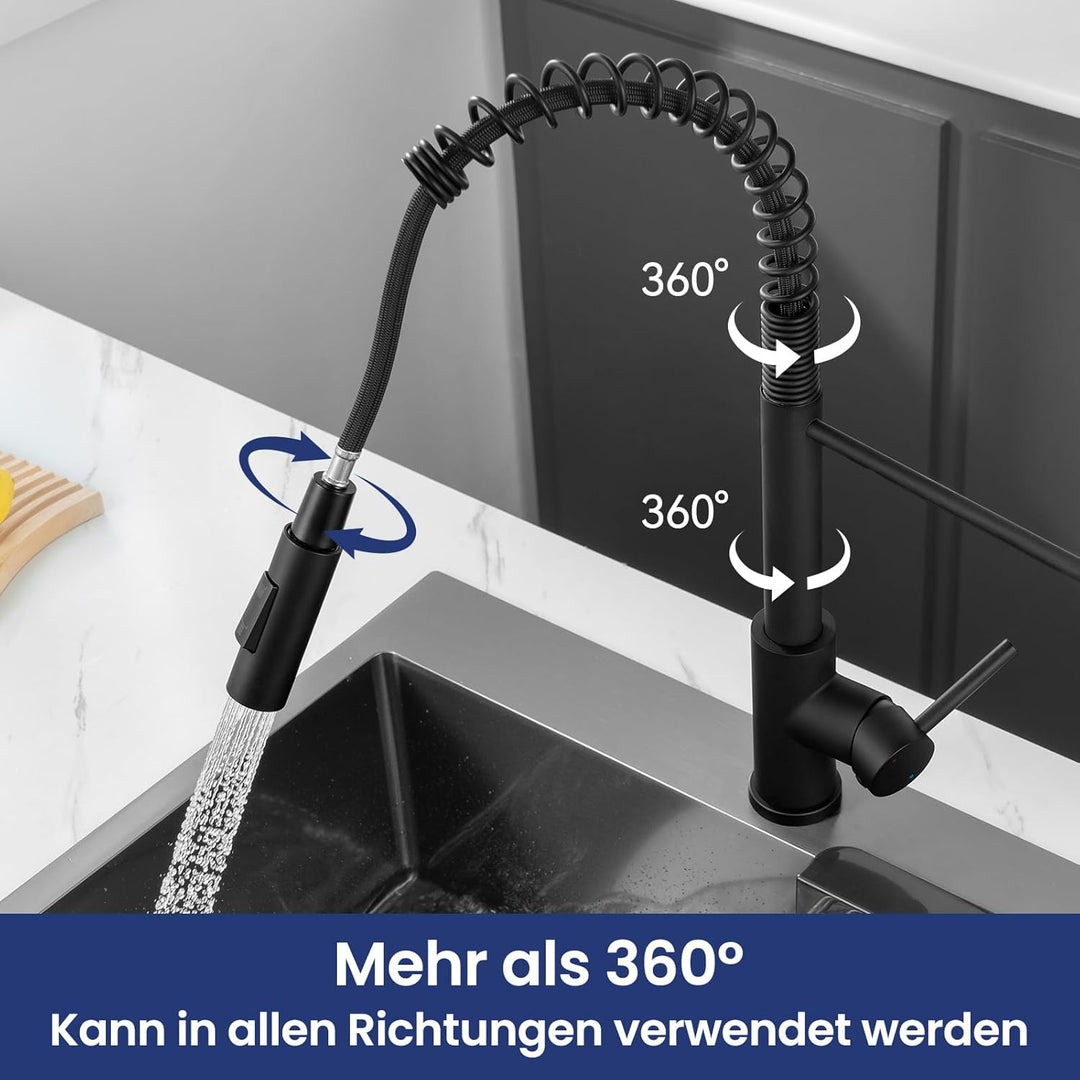 CECIPA Wasserhahn Küche Schwarz, Hochdruck Küchenarmatur Mit Herunterziehbare Brause, Mischbatterie