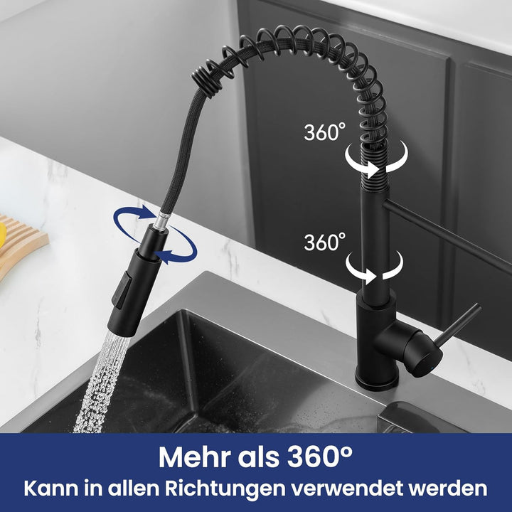 CECIPA Wasserhahn Küche Schwarz, Hochdruck Küchenarmatur Mit Herunterziehbare Brause, Mischbatterie